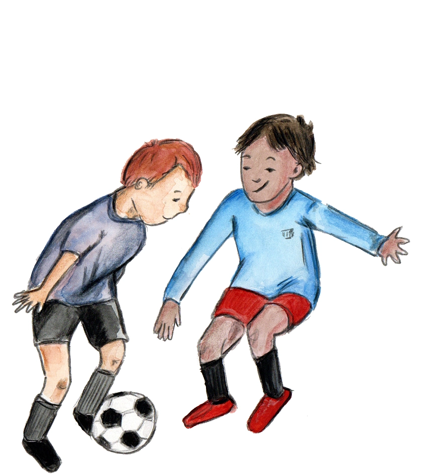 Hier sind zwei Jungen zu sehen die Fußball spielen.