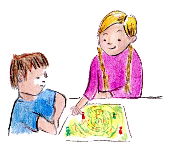 Hier sind zwei Kinder zu sehen, die ein Brettspiel spielen.